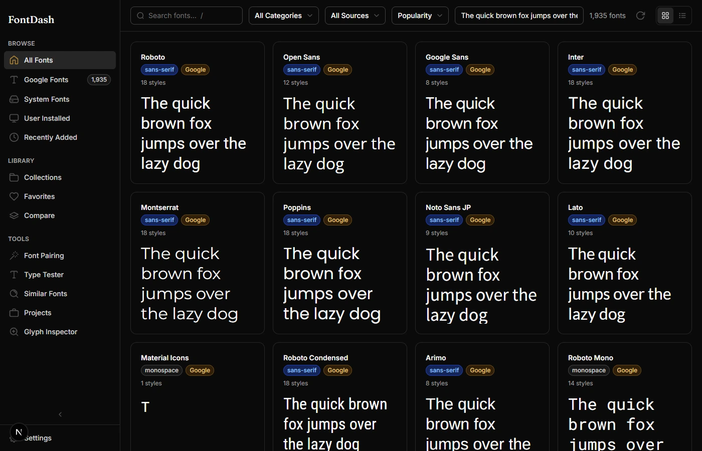 FontDash font browser in dark mode